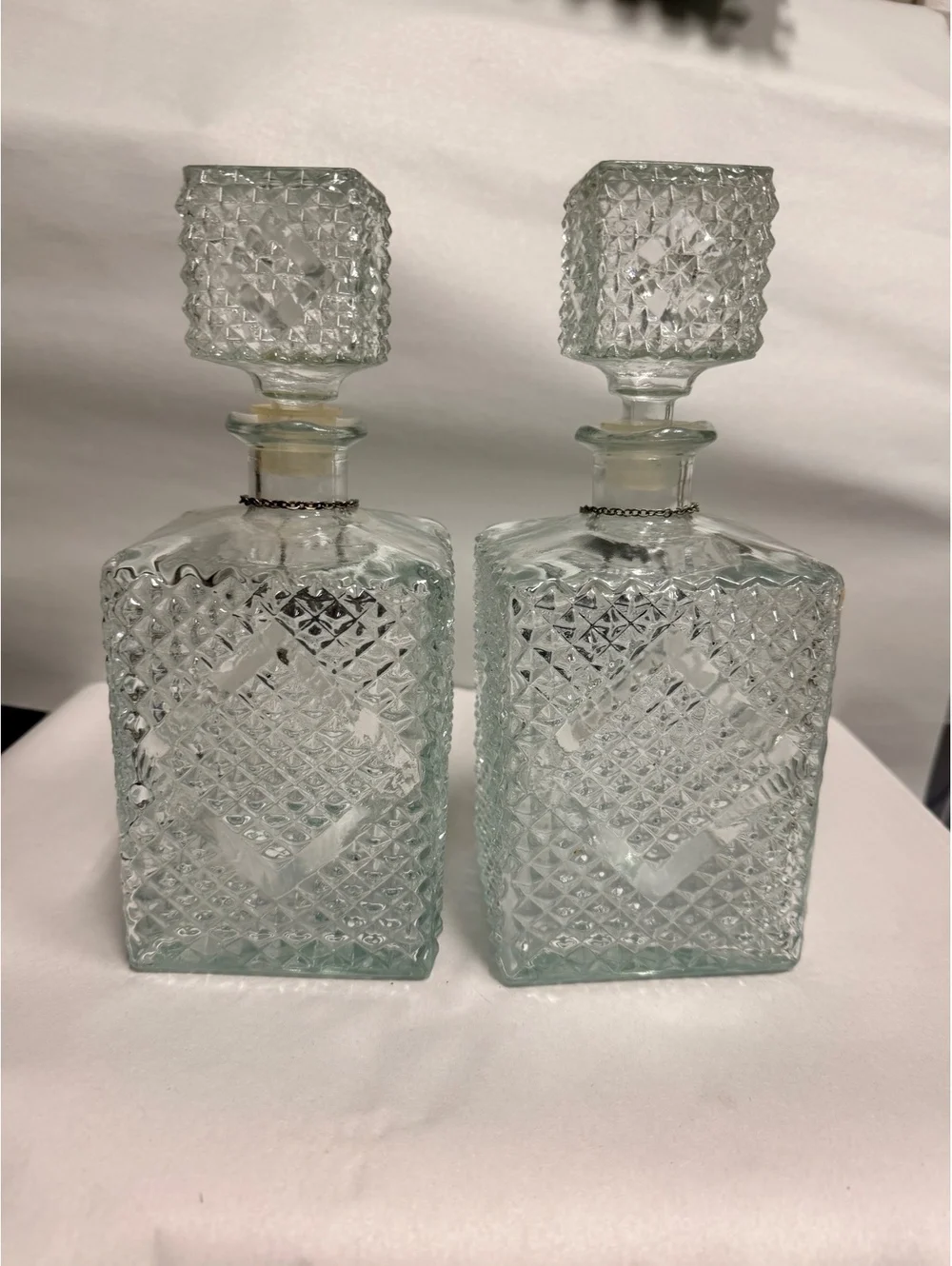 Vintage MCM Cut Glass Decanter Set with Scotch and Bourbon Tags